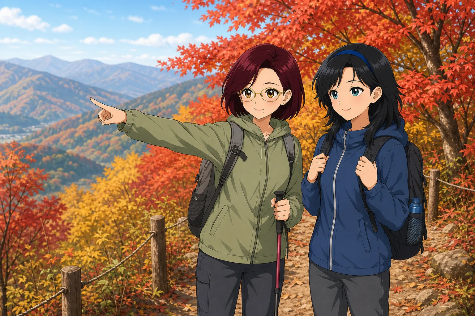 久世環先生、御影凛が紅葉の山をハイキングを楽しむ様子