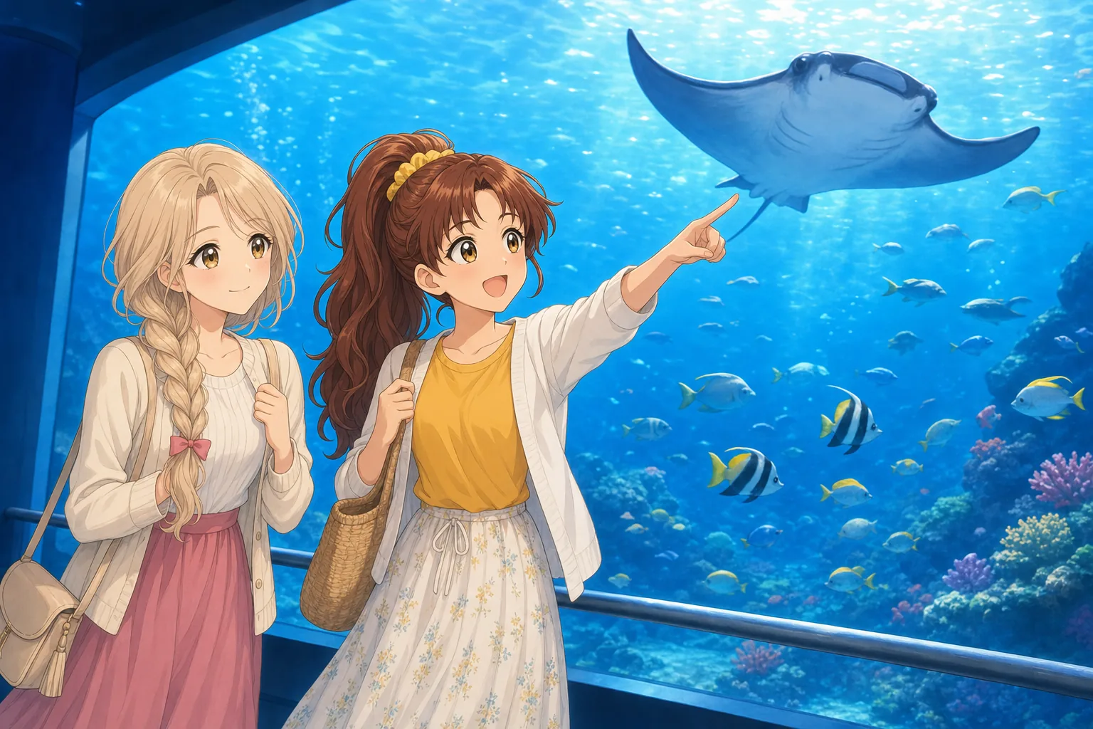 月島ルナ、赤松まいが水族館で大水槽を鑑賞を楽しむ様子
