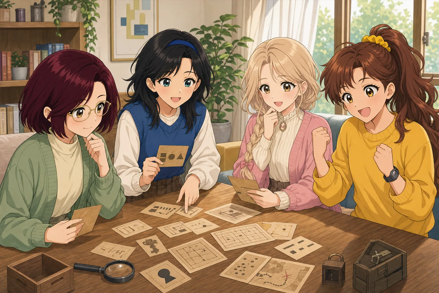 久世環先生、御影凛、月島ルナ、赤松まいがテーブル謎解きゲームを楽しむ様子